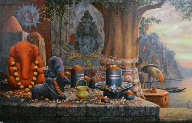 Religious acrylic painting titled 'Varanasi 8', 36x60 inches, by artist Paramesh Paul on Canvas