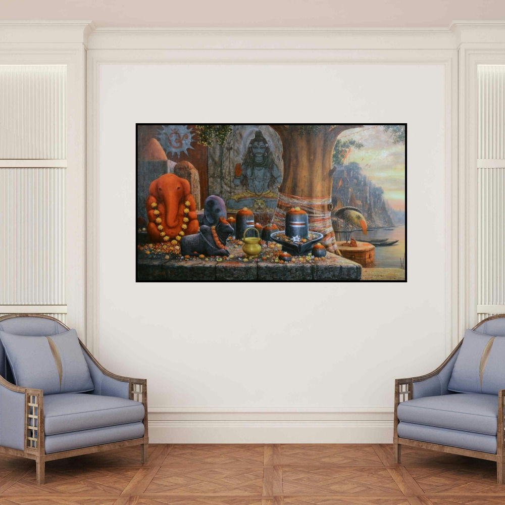 'Varanasi 8 (Shiva Shrine)' painting by Paramesh Paul shown on a wall in a furnished room.