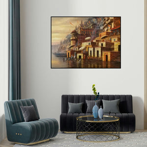 'Varanasi 9 (Varanasi Ghats at Sunset)' painting by Paramesh Paul shown on a wall in a furnished room.