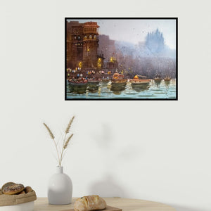 In-situ view of Nanasaheb Yeole's 'Varanasi Ghat' painting in a room