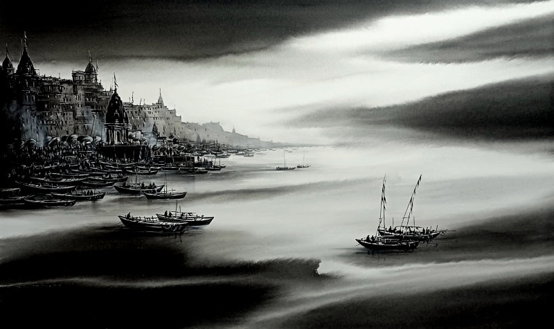 Varanasi Ghat 11' religious acrylic painting by artist Soumen Saha, 36x60 inch, on canvas