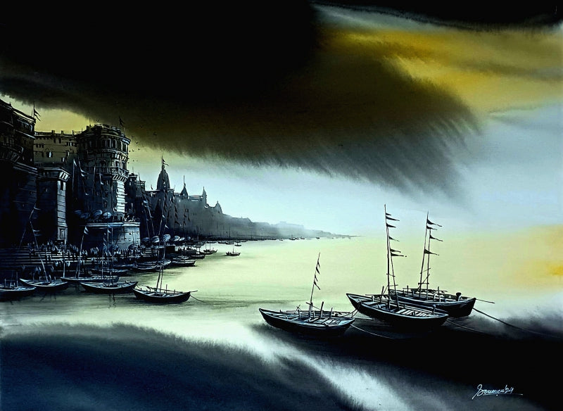 Varanasi Ghat 12' religious acrylic painting by artist Soumen Saha, 36x48 inch, on canvas