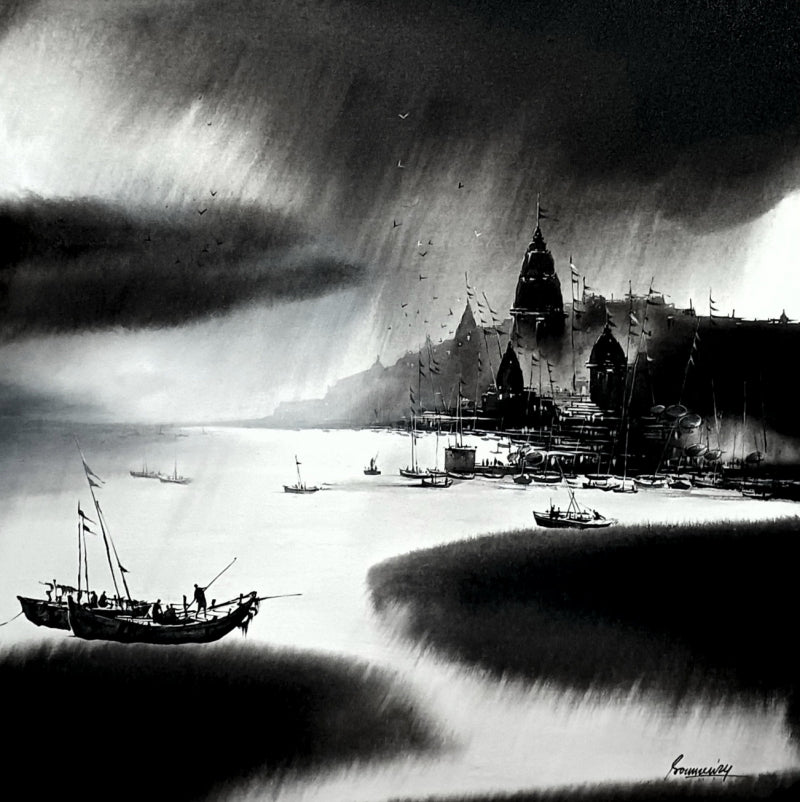 Varanasi Ghat 13' religious acrylic painting by artist Soumen Saha, 36x36 inch, on canvas