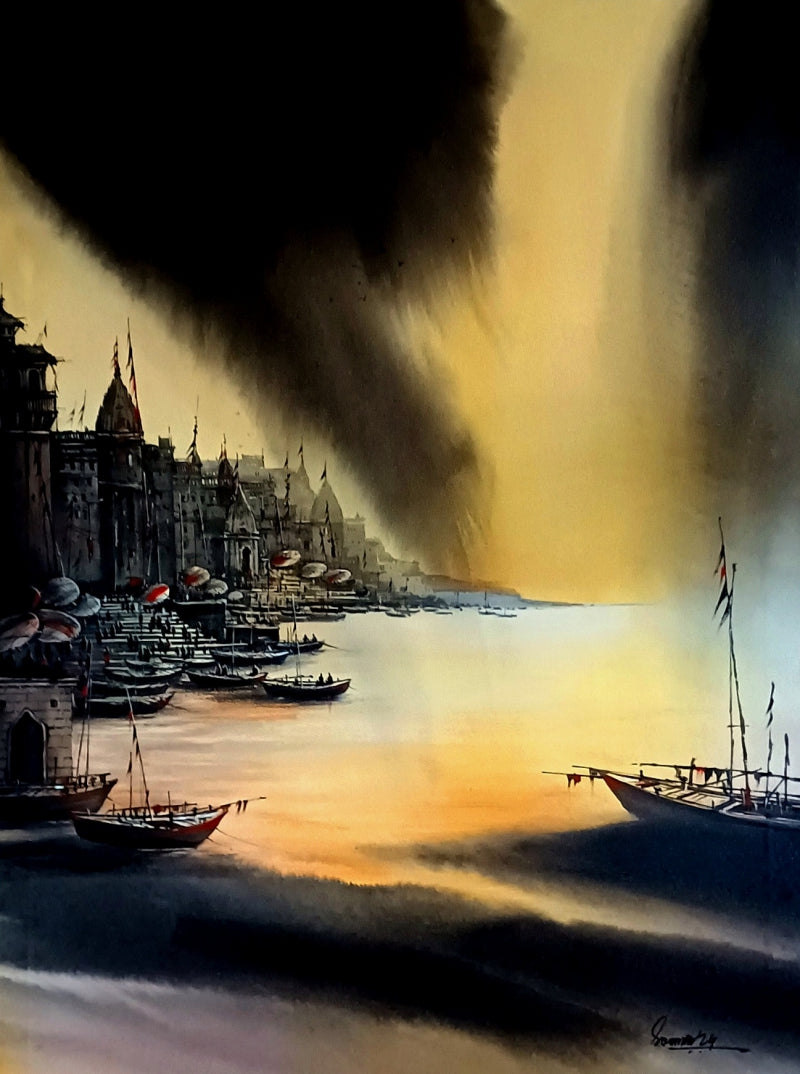 Varanasi Ghat 14' religious acrylic painting by artist Soumen Saha, 48x36 inch, on canvas