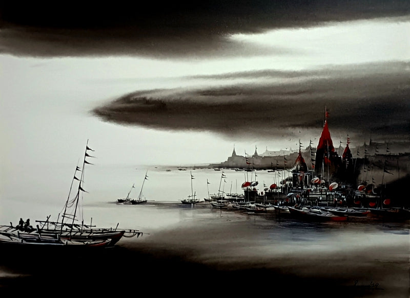 Varanasi Ghat 17' religious acrylic painting by artist Soumen Saha, 36x48 inch, on canvas