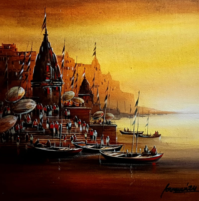 Religious acrylic painting titled 'Varanasi Ghat 2', 16x16 inch, by artist Soumen Saha on Canvas