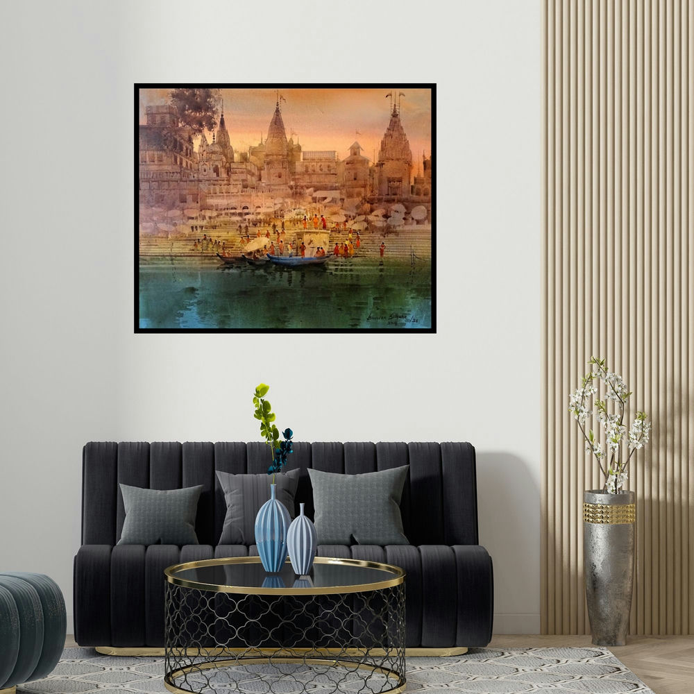 'Varanasi Ghat 36' painting by Bhuwan Silhare shown on a wall in a furnished room.