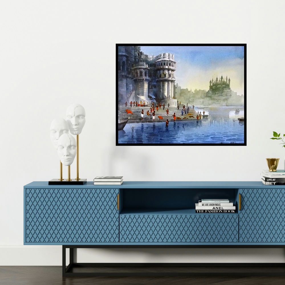 'Varanasi Ghat 38' painting by Bhuwan Silhare shown on a wall in a furnished room.