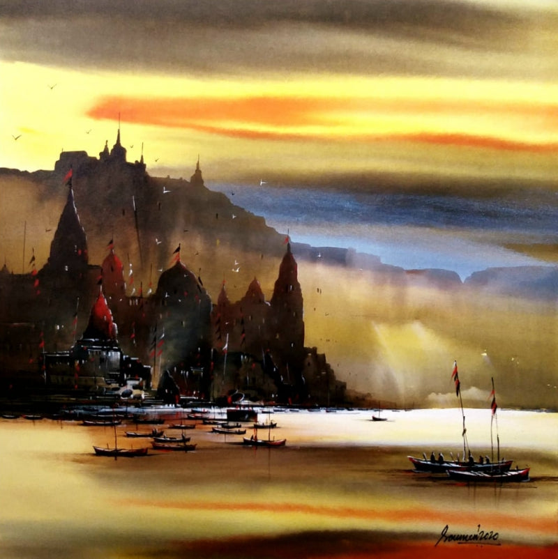 Varanasi Ghat' religious acrylic painting by artist Soumen Saha, 36x36 inch, on canvas