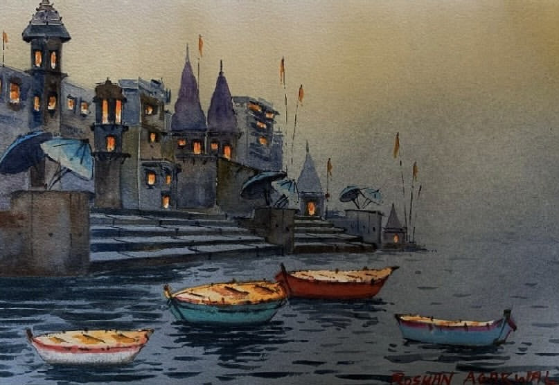 Varanasi At Night' religious watercolor painting by artist Roshan Agarwal, 10x14 inch, on paper