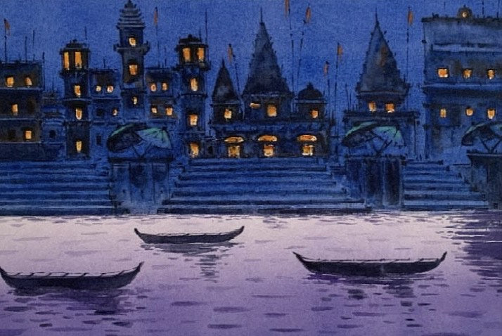 Varanasi Night' religious watercolor painting by artist Roshan Agarwal, 7x18 inch, on paper