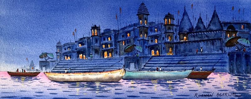Varanasi Night View' religious watercolor painting by artist Roshan Agarwal, 10x14 inch, on paper