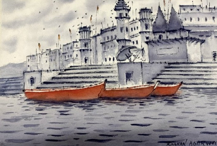 Varanasi Red Boats' religious watercolor painting by artist Roshan Agarwal, 10x14 inch, on paper