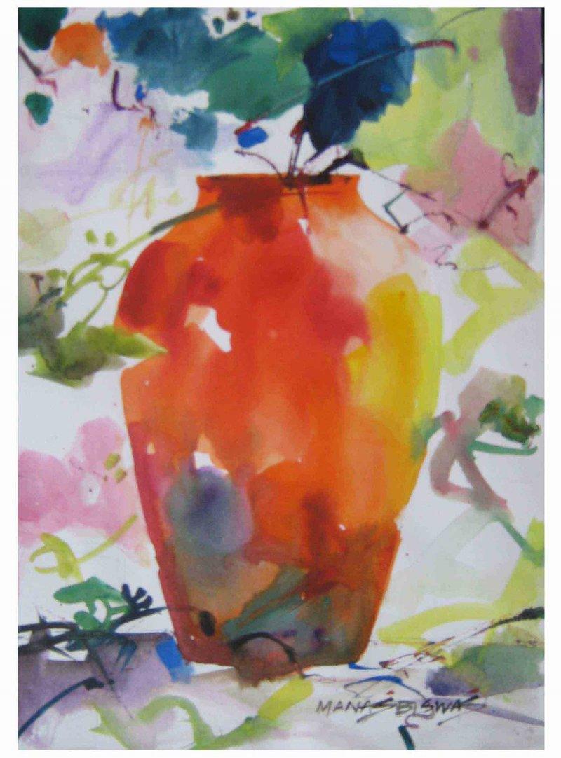 Nature watercolor painting titled 'Vase Size', 12x8 inches, by artist Manas Biswas on Paper