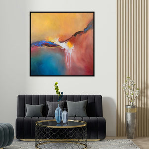 Sanjay Dhawale's 'Vasundhra (Golden Hour)' painting visualized above a sofa in a contemporary room.