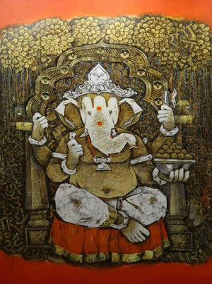 Religious acrylic painting titled 'Vat Ganesha', 78x54 inches, by artist Manas Jena on Canvas