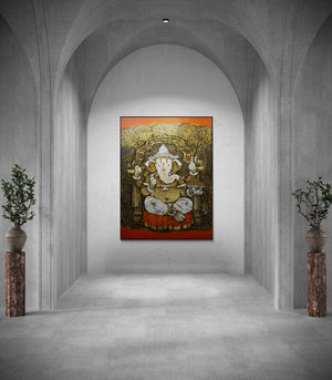 In-situ view of Manas Jena's 'Vat Ganesha (Ganesha Enthroned)' painting in a room