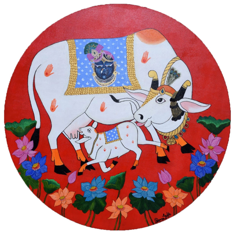 'Vatsalya' religious pichwai traditional_art by artist Seema Gupta, 36x36 inch, on canvas