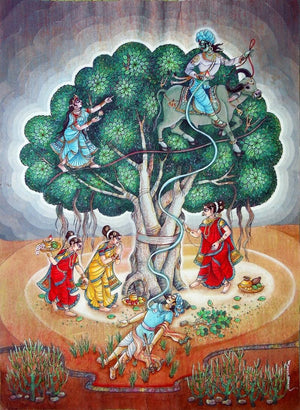Vatsavitri (Savitri's Devotion) by Anand Sonar, Original Mixed Media Religious Painting on Handmade Paper, Medium Vertical Wall Art