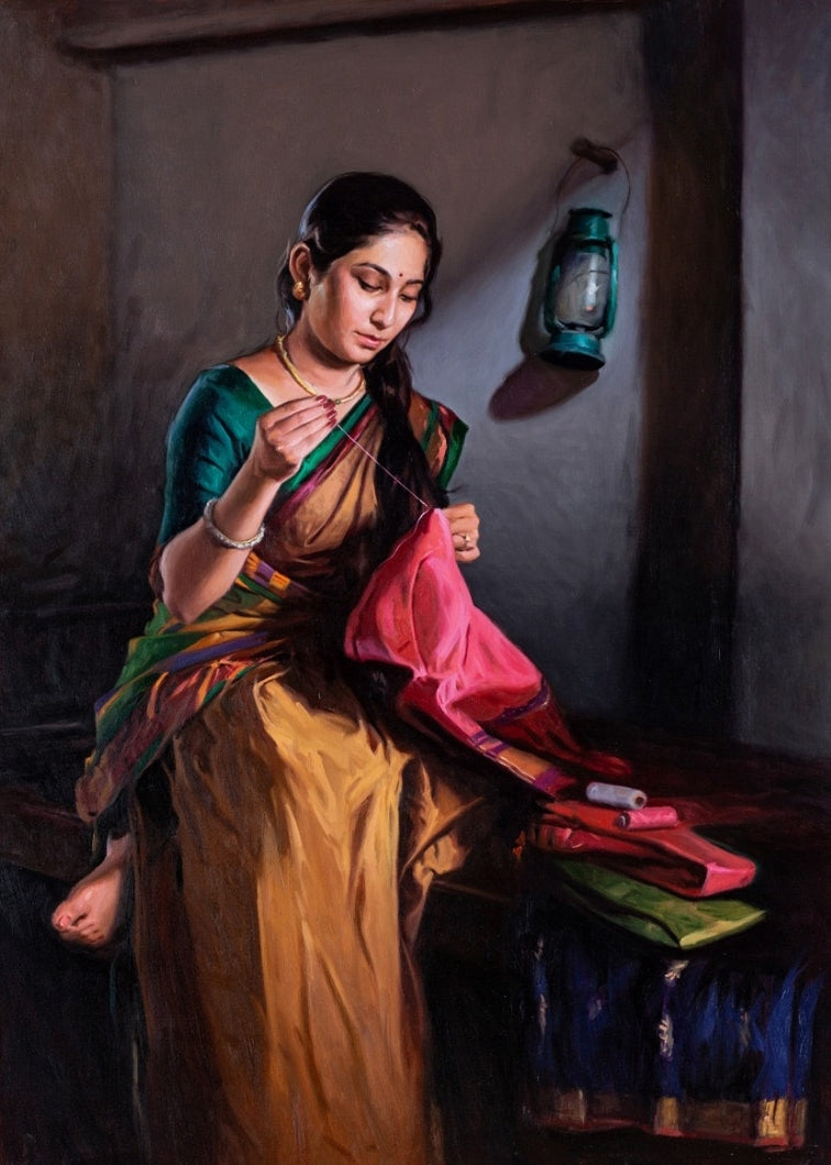 Veen' figurative oil painting by artist Mahesh Soundatte, 42x30 inch, on linen