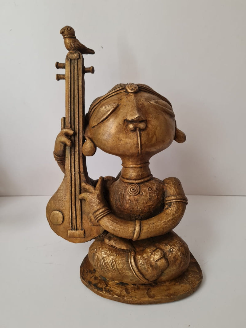 'Veena Player' figurative Bronze sculpture by artist G Subramanian, 10x9 inch, on bronze