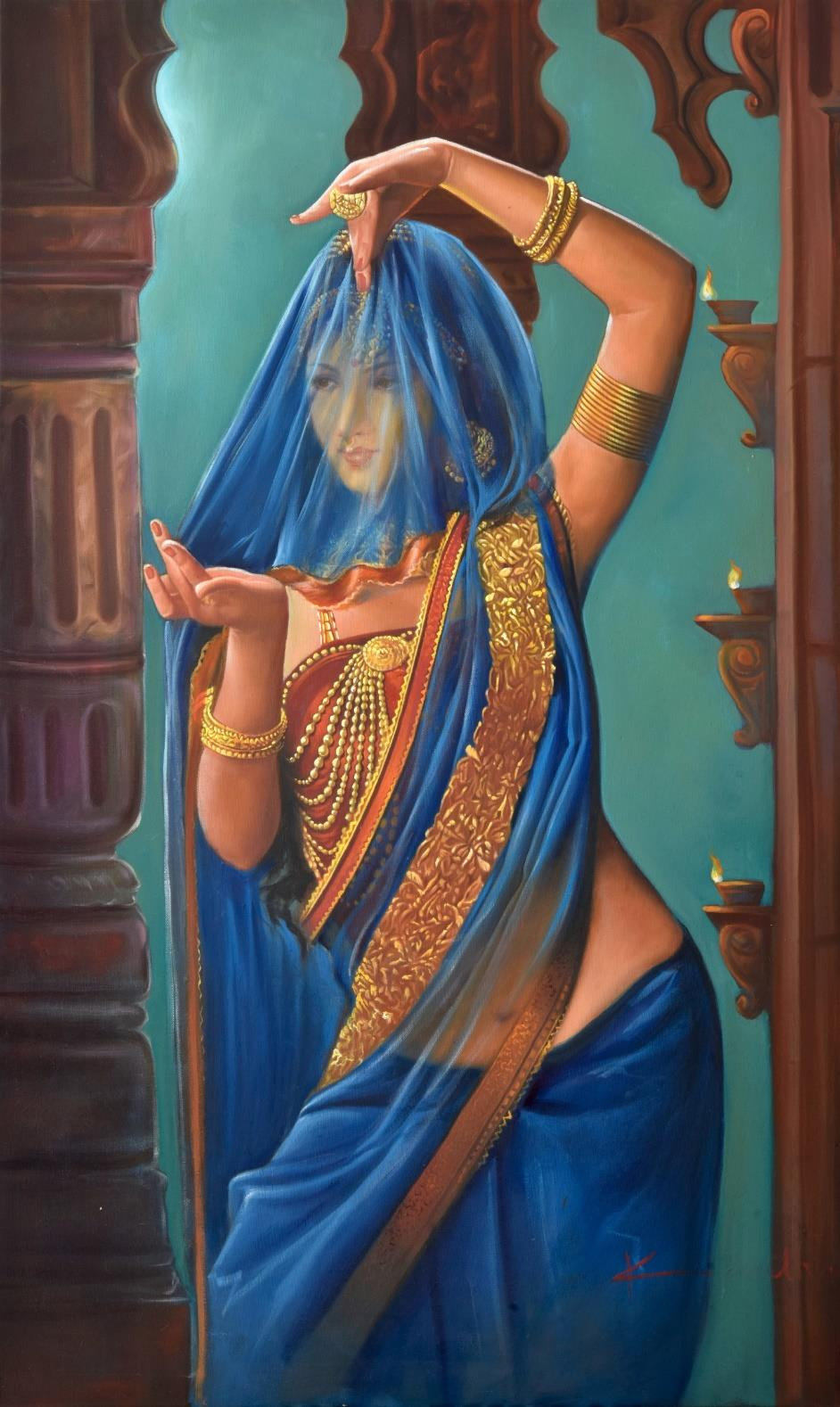 Veil Of Faith' figurative oil painting by artist Kamal Rao, 56x34 inch, on canvas