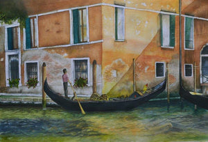 Venetian Hues Ii by Niharika Gupta, Original Watercolor Landscape Painting on Paper, Small Horizontal Wall Art