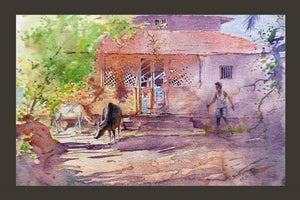 Cityscape watercolor painting titled 'Vengurla', 25x19 inches, by artist Swapnil Mhapankar on Handmade Paper