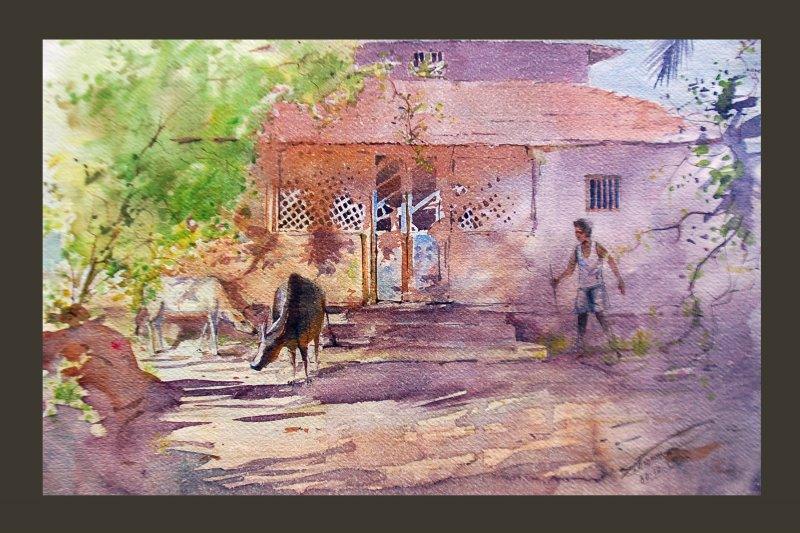 Cityscape watercolor painting titled 'Vengurla', 25x19 inches, by artist Swapnil Mhapankar on Handmade Paper