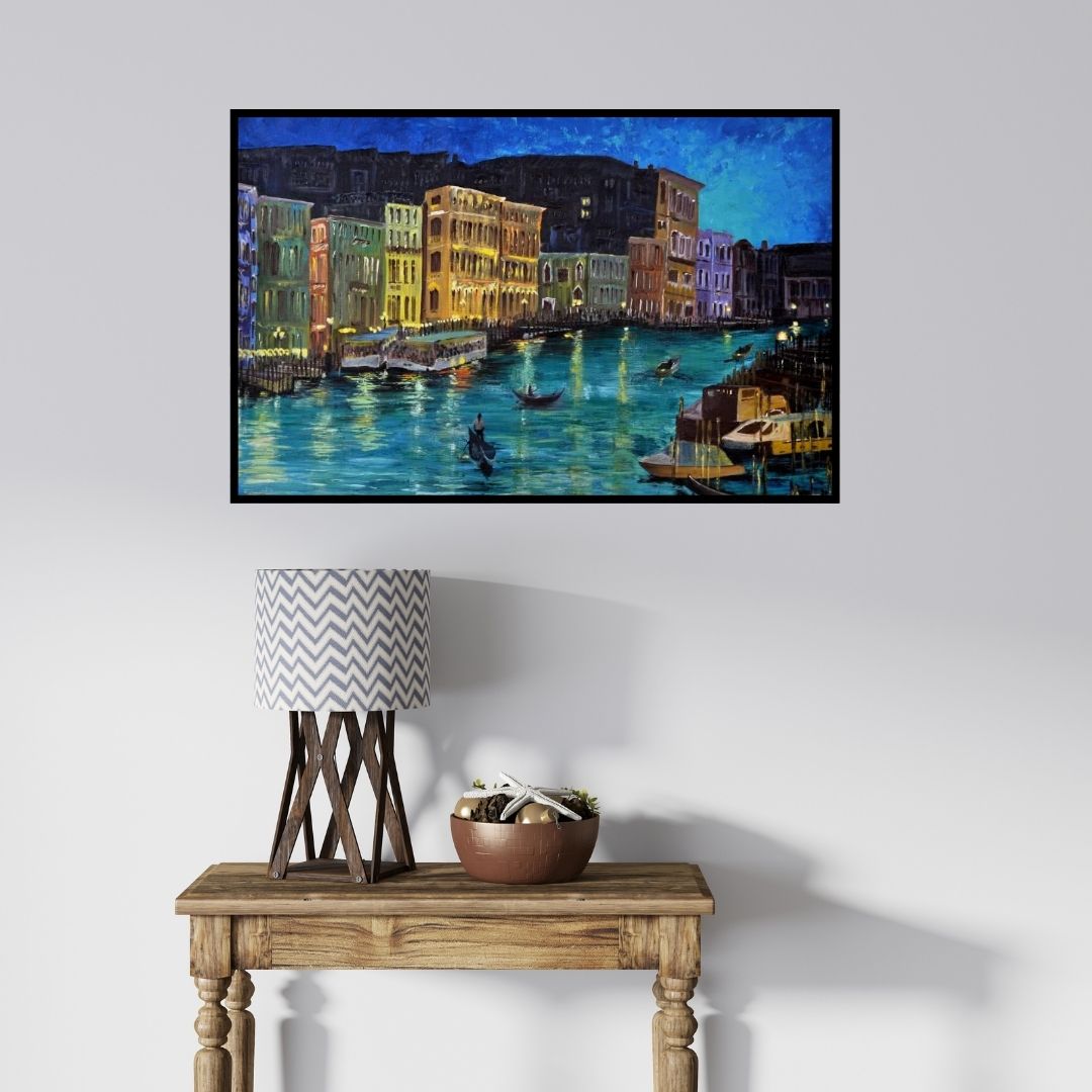 In-situ view of Shikha Poddar's 'Venice 1 (Nocturne of Venice: A Grand Canal Dream)' painting in a room