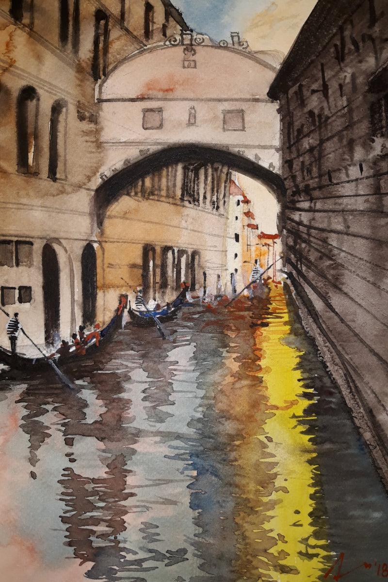 Cityscape watercolor painting titled 'Venice Canal', 11x8 inches, by artist Arunava Ray on Paper