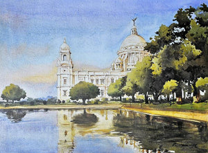 Victor Memorial Kolkata (Majestic Reflection**) by Ranabir Saha, Original Acrylic Cityscape Painting on Canvas, Small Horizontal Wall Art