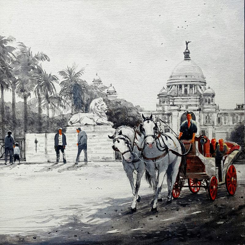 Cityscape acrylic painting titled 'Victoria Memorial Of Kolkata 2', 16x20 inches, by artist Amlan Dutta on Canvas