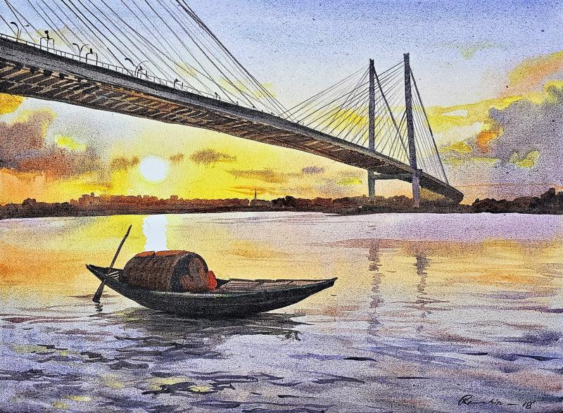 Cityscape acrylic painting titled 'Vidyasagar Setu', 18x24 inches, by artist Ranabir Saha on Canvas