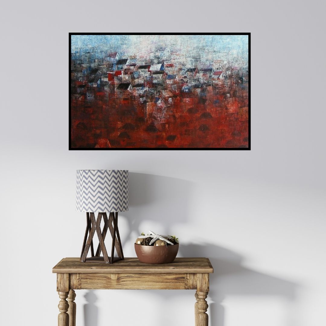 In-situ view of M Singh's 'View Of Shanties Up A Hill' painting in a room