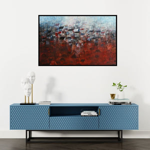 Preview of 'View Of Shanties Up A Hill' Painting by M Singh shown on a wall in a furnished room.