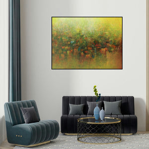 'View Of A Village (Village of Colors)' painting by M Singh shown on a wall in a furnished room.