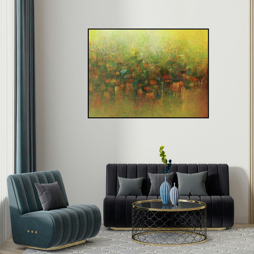 'View Of A Village (Village of Colors)' painting by M Singh shown on a wall in a furnished room.