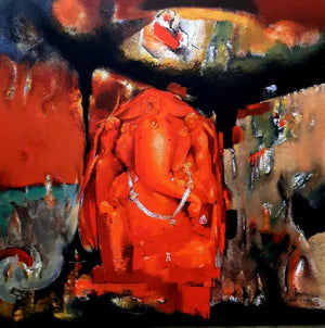 Vighnakarta (Fiery Presence) by Vishal Phasale, Original Acrylic Religious Painting on Canvas, Small Square Wall Art
