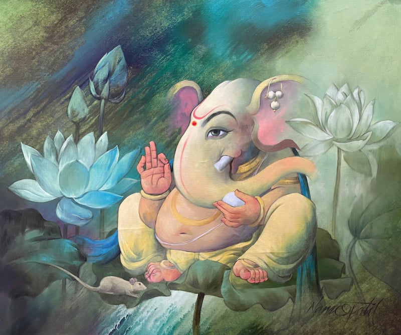 Vighnaraja' religious oil painting by artist Namdev M Patil, 34x42 inch, on canvas