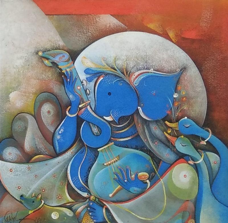 Religious acrylic painting titled 'Vighnaraja', 18x18 inches, by artist M Singh on Canvas