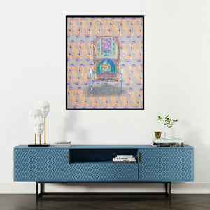 Kamlesh Chavda's 'Vighnarajendra (Ganesha Rickshaw) (Rickshaw Ride)' painting visualized above a sofa in a contemporary room.