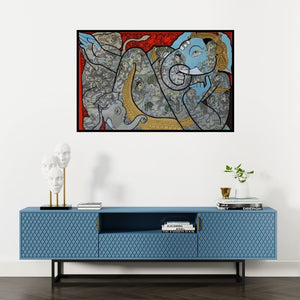 Preview of 'Vighnarajendra (Universal Embrace)' Painting by Ramesh Gorjala shown on a wall in a furnished room.