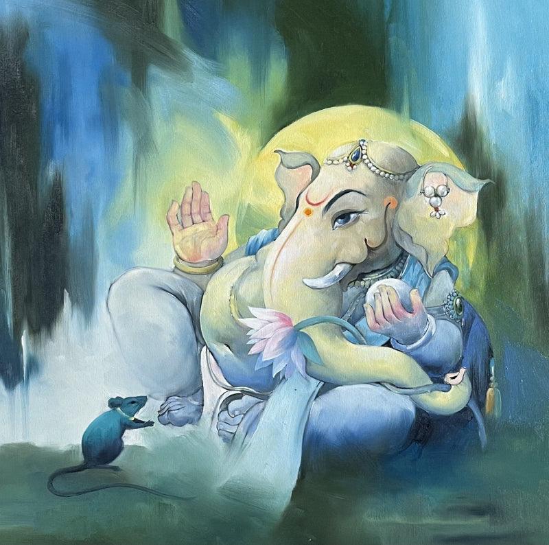 Religious oil painting titled 'Vighnarajendra', 34x34 inches, by artist Namdev M Patil on Canvas