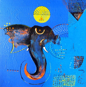 Religious acrylic painting titled 'Vighnesh', 18x18 inches, by artist Vivek Nimbolkar on Canvas