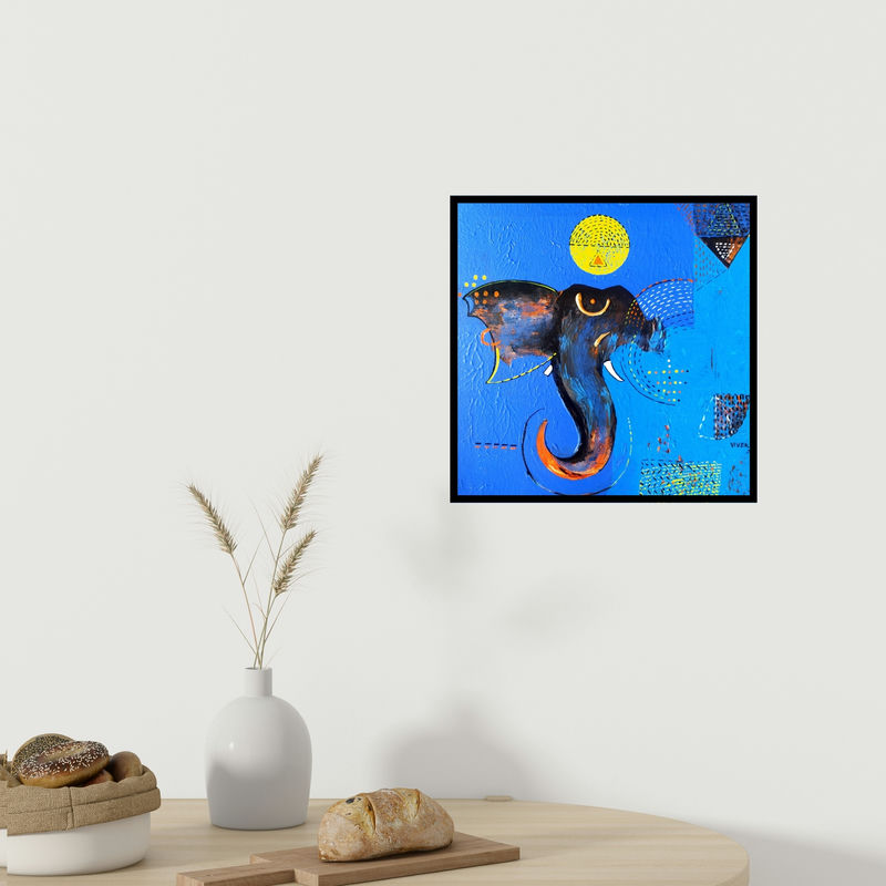 In-situ view of Vivek Nimbolkar's 'Vighnesh (Ganesha The Blue Elephant)' painting in a room