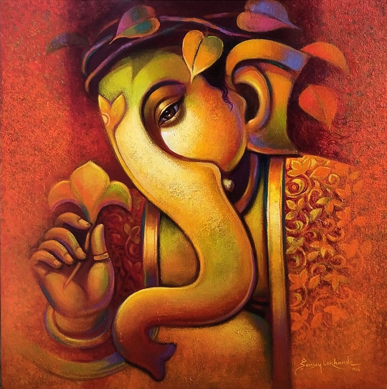 Vighnesha' religious acrylic painting by artist Sanjay Lokhande, 24x24 inch, on canvas