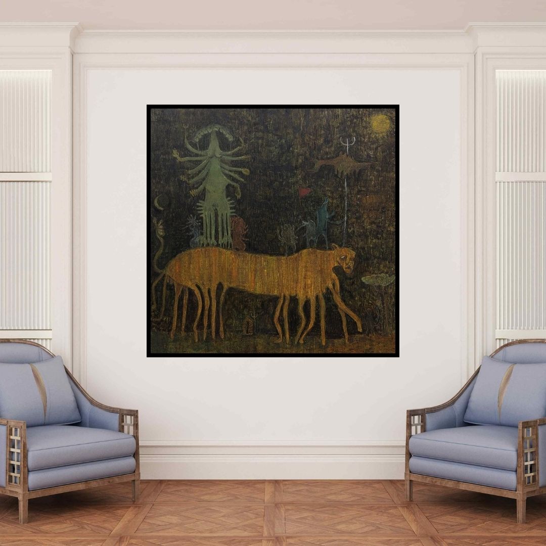 In-situ view of Darshan Mahajan's 'Vijaya (Tiger Spirit)' painting in a room