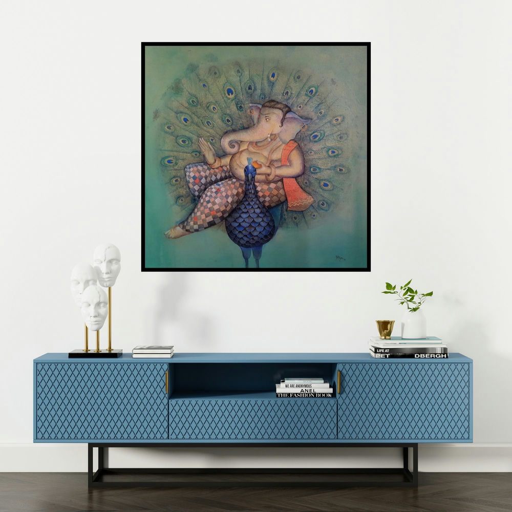 'Vikat Roop (Ganesha on Peacock)' painting by Pooja Mhatre shown on a wall in a furnished room.