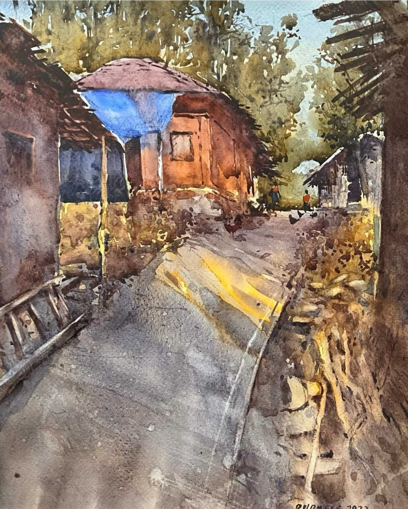 Village 1' landscape watercolor painting by artist Amol Dubhele, 13x10 inch, on paper